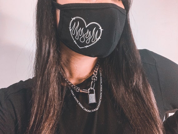 Barbed Wire Flame Heart Black Face Mask Black Face Covering | Etsy