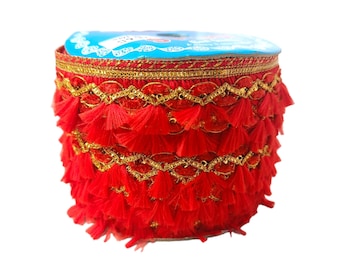 6 mètres de bordure en dentelle indienne perlée rouge par mètre, bordure en tissu sari ruban de décoration, bordure en sari, chemin de table, bordure de jupe