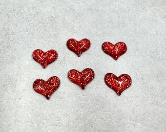 6 flat back resin red glitter heart cabochons
