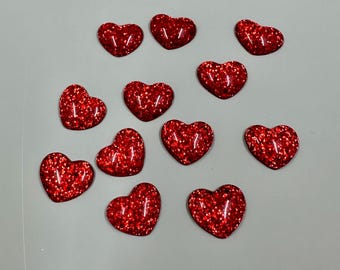 12 red glitter heart cabochons