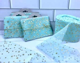 2 yards of 6 cm wide Mint blue tulle with gold stars