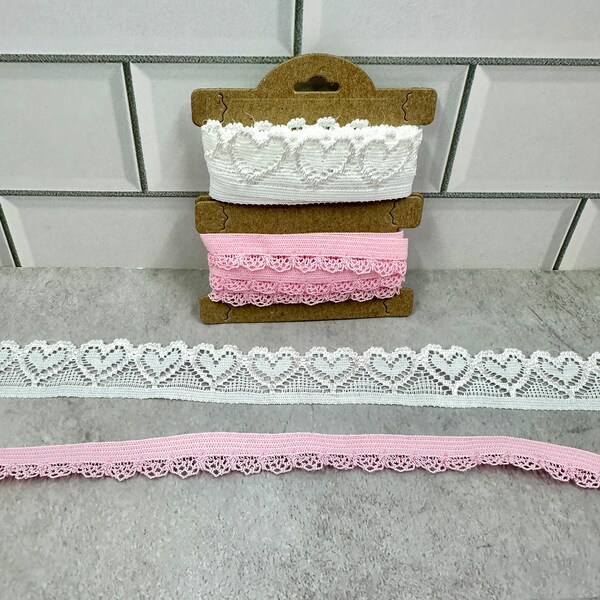 2 total yards of heart stretch lace and stretch ruffle trim