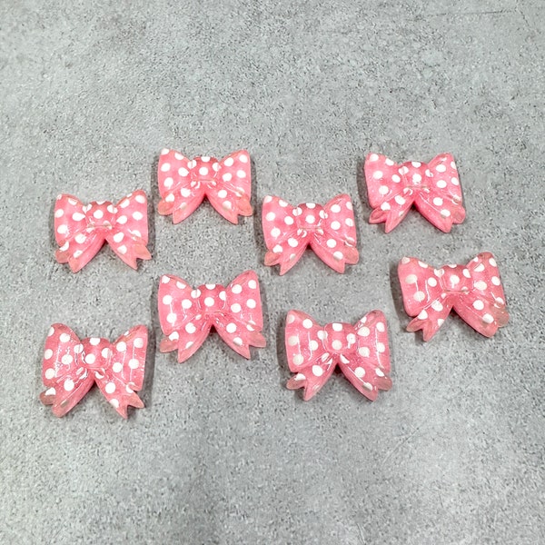 8 pink with white polka dots resin bow cabochons