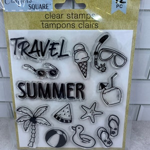 May include: Clear stamp set featuring summer and travel-themed designs. Includes words like "TRAVEL" and "SUMMER", along with images of sunglasses, an ice cream cone, a snorkel, a coconut drink, a palm tree, a watermelon slice, a starfish, a beach ball, a duck float, and flip-flops.