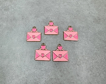 5 pink love letter charms
