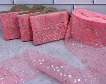 2 yards of 6cm wide pastel pink with silver stars tulle trim