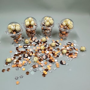 Op de afbeelding: Vier doorzichtige plastic bekers gevuld met decoratieve pailletten, pompons en versieringen. De pailletten zijn in bruin-, oranje- en wittinten, sommige in de vorm van snoepjes. De pompons zijn goudkleurig.