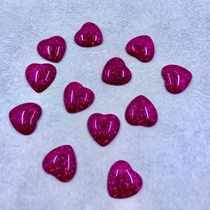 12 dark pink flat back resin glitter heart cabochons