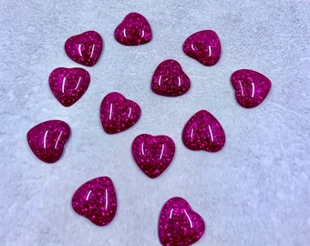 10 dark pink flat back resin glitter heart cabochons