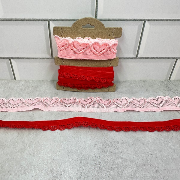 2 total yards of heart stretch lace and stretch ruffle trim