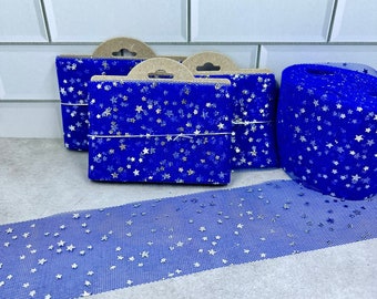 2 yards of 6cm wide blue with silver star tulle trim