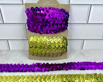 2 total yards of purple  and green sequin stretch elastic trim