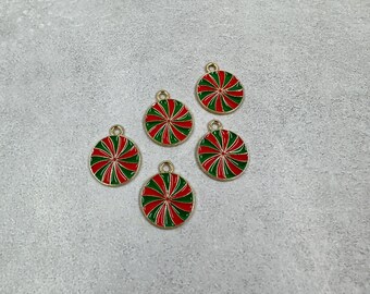 5 peppermint swirl red and green Christmas charms