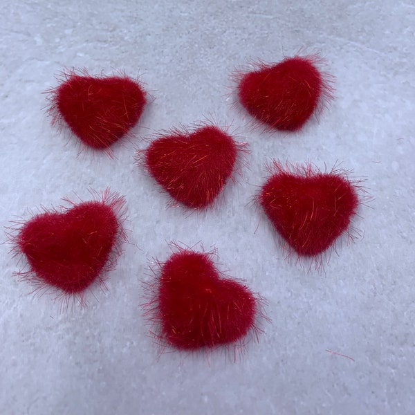 6 red furry heart embellishments
