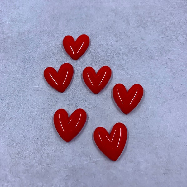 6 red flat back resin heart cabochons