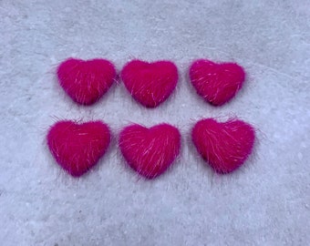 6 dark pink furry heart embellishments