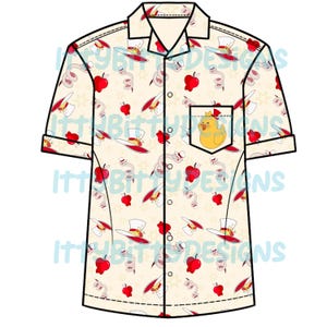 May include: A short-sleeved button-up shirt with a cream background and a repeating pattern of red apples, white top hats, and yellow snakes. The shirt has a pocket on the left side with a yellow cartoon duck inside.