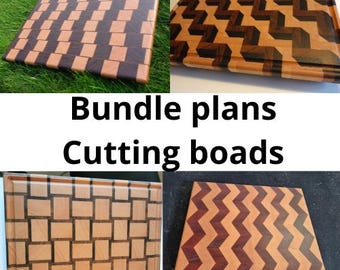 May include: A selection of wooden cutting boards with different geometric designs. The boards use contrasting light and dark wood, forming eye-catching patterns. The text "Bundle plans Cutting boards" is visible.