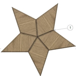 以下が含まれることがあります： 薄い茶色の木目調の仕上げが施された、5つのポイントを持つ星型の木製テーブルトップです。