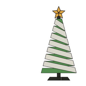 May include: A graphic illustration of a Christmas tree. The tree is green with white ribbon detailing and a gold star at the top. It stands on a dark grey base against a black backdrop.
