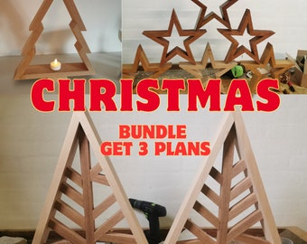 May include: Three wooden Christmas tree designs. The first is a simple silhouette with a shelf for a candle. The second and third are more intricate, with geometric patterns cut into the wood. The text "CHRISTMAS BUNDLE GET 3 PLANS" is displayed on the image.