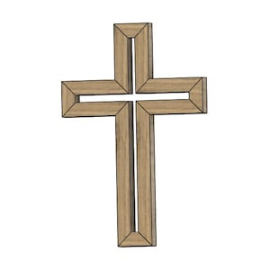 May include: A wooden cross with a light brown finish. The cross has a layered design, with a recessed centre and a rectangular frame. The cross is a religious symbol.