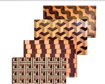 May include: Bundle offer of four wooden chopping boards with different geometric patterns. The boards are made of light and dark wood, creating a visually appealing contrast.