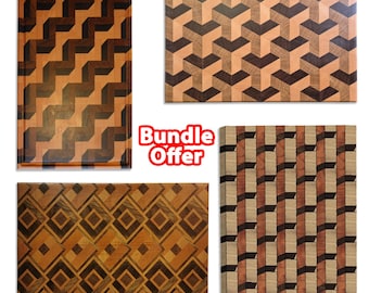 May include: Four wooden chopping boards with detailed geometric patterns. The boards display diverse designs, including zigzags, 3D-like shapes, diamond patterns, and vertical stripes. The boards are made of various shades of brown wood. The image includes the text "Bundle Offer".