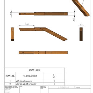 May include: A technical drawing of a wooden leg assembly for furniture. The drawing shows two pieces, a top part and a bottom part, with dimensions labeled in inches. The drawing also includes a BOM table with part numbers and quantities.
