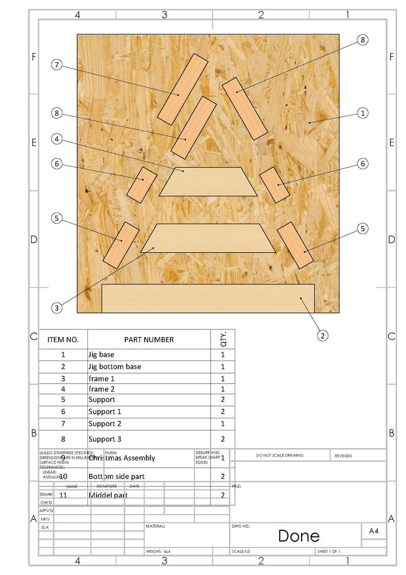 May include: A technical drawing of a Christmas tree assembly with numbered parts and a parts list. The drawing shows a wooden base, two frames, and multiple supports. The drawing is labeled "Christmas Assembly" and "Done".