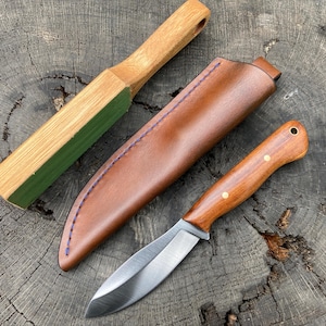 Nessmuk style Handmade Bushcraft/Camp Knife w/Sheath—5/32” 80crv2 carbon steel—4” blade—4.75” Granadillo handle with brass pins/lanyard tube