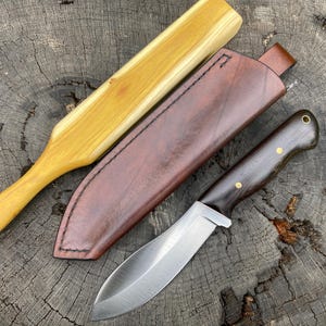 Nessmuk style Handmade Bushcraft/Camp Knife w/Sheath—3/16” 52100 carbon steel—5” blade—5” Wenge handle with brass pins/lanyard tube—w/Strop