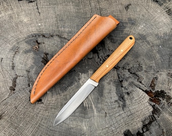 Skinny Handmade EDC Knife with Leather Sheath—1/8” 52100 carbon steel—3.75” blade—skinny 4.25” Canarywood handle—brass pins/lanyard tube