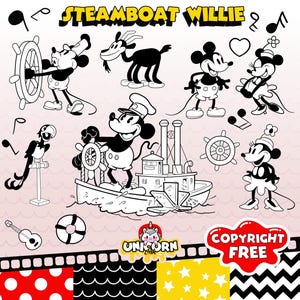 Steamboat Willie Clipart, Mickey Mouse PNG, illustrations, graphics, digital clip art, digital images
