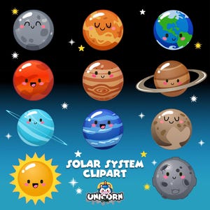 Imágenes prediseñadas del Sistema Solar, Sol, Luna y Planetas Kawaii PNG, ilustraciones, gráficos, imágenes digitales