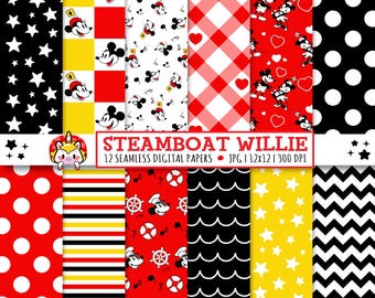 Digitalt papper med Steamboat Willie, Musse Pigg JPG, illustrationer, grafik, scrapbookingpapper, mönster