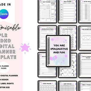 Può includere: Modello di pianificatore digitale personalizzabile. L'immagine mostra diverse pagine, tra cui un pianificatore giornaliero, un pianificatore dei pasti e un tracker dell'acqua. Il testo "You are imaginative and fun" è visualizzato su una pagina. Il pianificatore è in formato US Letter.