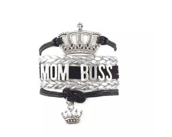 Mom Boss Woven Cord Charm Wristband Women Bracelet