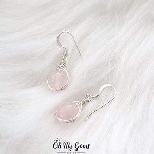 Rose quartz earrings, wire wrapped earrings, sterling silver earrings, natural gemstone earrings, pink dangle earrings, rose quartz drop