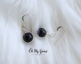 Black obsidian gemstone earrings, wire wrapped earrings, sterling silver earrings, natural gemstone, black dangle earrings, black stone drop