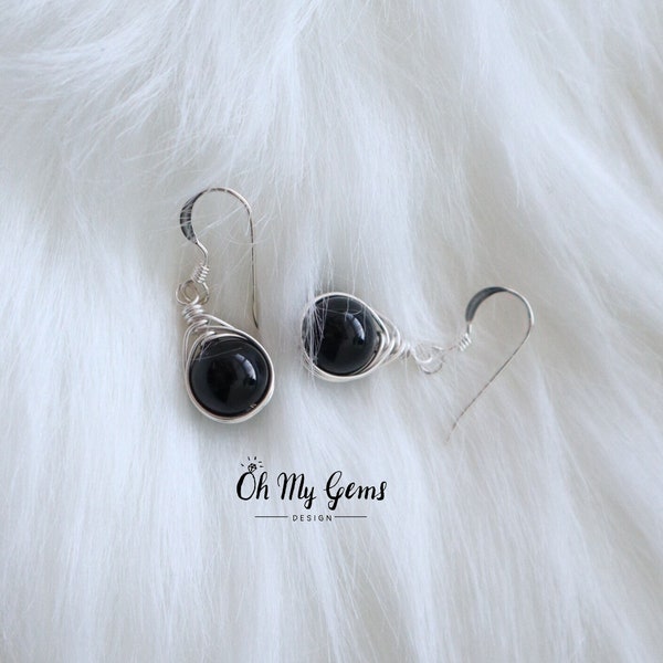 Black obsidian gemstone earrings, wire wrapped earrings, sterling silver earrings, natural gemstone, black dangle earrings, black stone drop