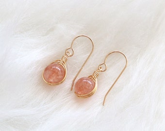 Sunstone earrings, wire wrapped earrings, 14k gold filled earrings, natural gemstone earrings, orange dangle earrings, crystal dangle drop