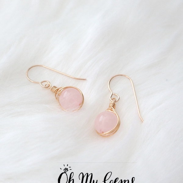 Rose quartz earrings, wire wrapped earrings, 14k gold filled earrings, natural gemstone earrings, pink dangle earrings, rose quartz drop