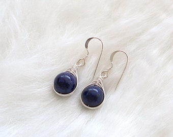 Lapis lazuli earrings, wire wrapped earring, sterling silver earring, natural gemstone earring, blue dangle earring, herringbone blue stone