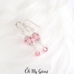 Swarovski crystal earrings, pink cube earrings, light rose pink, sterling silver earrings, hypoallergenic, pink dangle earrings, pink drop