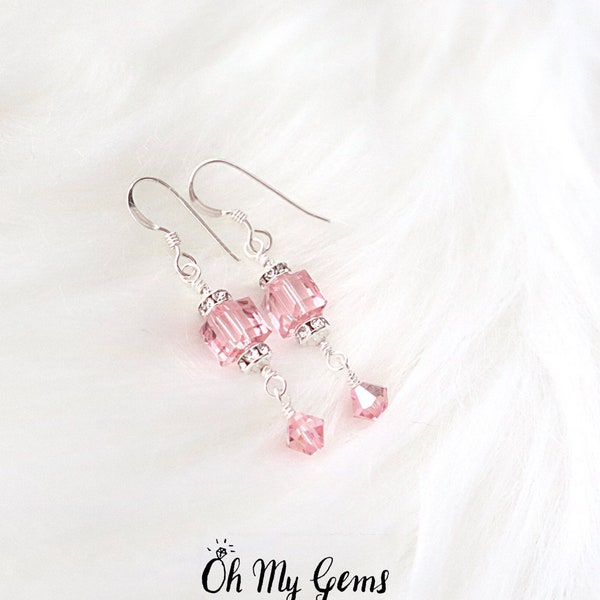 Swarovski crystal earrings, pink cube earrings, light rose pink, sterling silver earrings, hypoallergenic, pink dangle earrings, pink drop