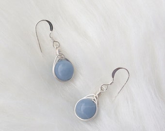 Angelite earrings, wire wrapped earrings, sterling silver earrings, natural gemstone earrings, blue dangle earrings, herringbone blue stone