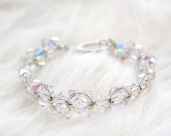 Swarovski crystal bracelet, crystal aurora borealis, beaded bracelet, woven bracelet, stitched bracelet, wedding jewelry, bridal bracelet