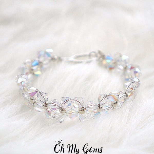 Swarovski crystal bracelet, crystal aurora borealis, beaded bracelet, woven bracelet, stitched bracelet, wedding jewelry, bridal bracelet