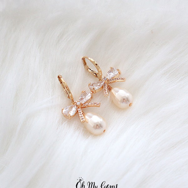 Cubic zirconia pearl earrings, Swarovski pearl, 18k gold plated huggie hoop earrings, CZ bow earrings, bridal jewelry, bridesmaid gift
